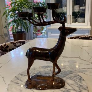 Vintage Rustic Bronze Metal Deer with Tealight Holders on Antlers.